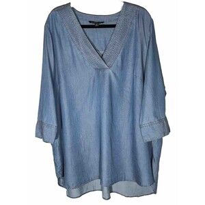 Zac & Rachel Chambray Top Womens Size 2X Tunic V Neck Coastal Minimal Lagenlook